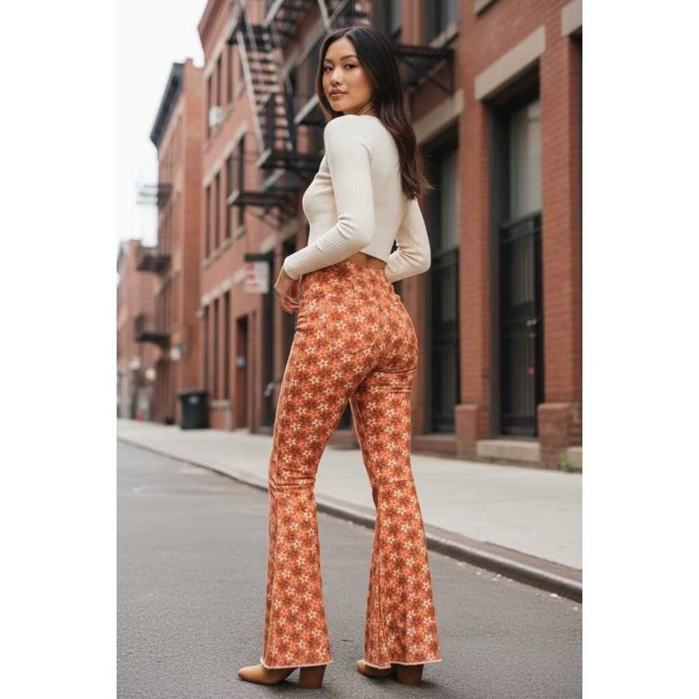 Peach Love Orange Retro Floral Flares | High Waist Denim Pants - Picture 6 of 10